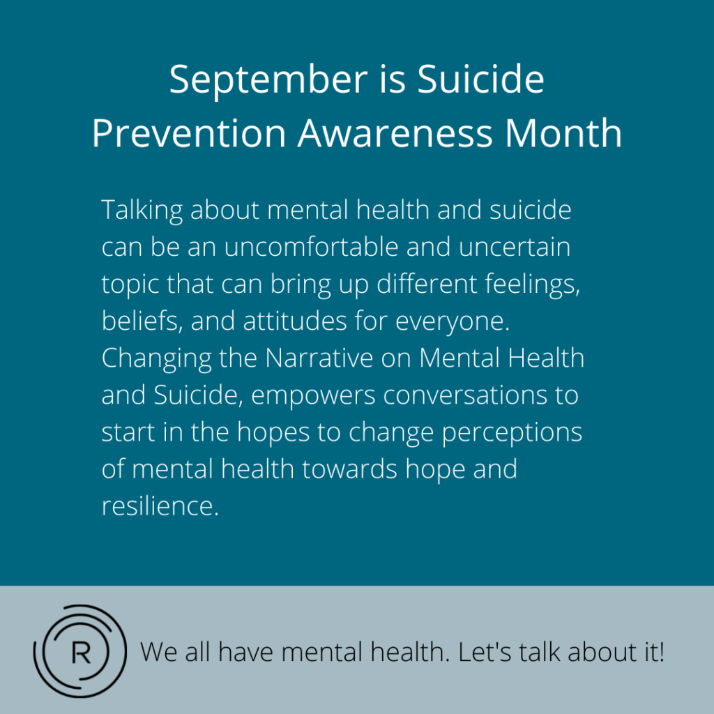 Septiembre es Suicidio
Mes de sensibilización sobre la prevención
Hablar de salud mental y suicidio puede ser un tema incómodo e incierto que puede suscitar sentimientos, creencias y actitudes diferentes en cada persona.
Changing the Narrative on Mental Health and Suicide, permite iniciar conversaciones con la esperanza de cambiar la percepción de la salud mental hacia la esperanza y la resiliencia.
Todos tenemos salud mental. Hablemos de ello.